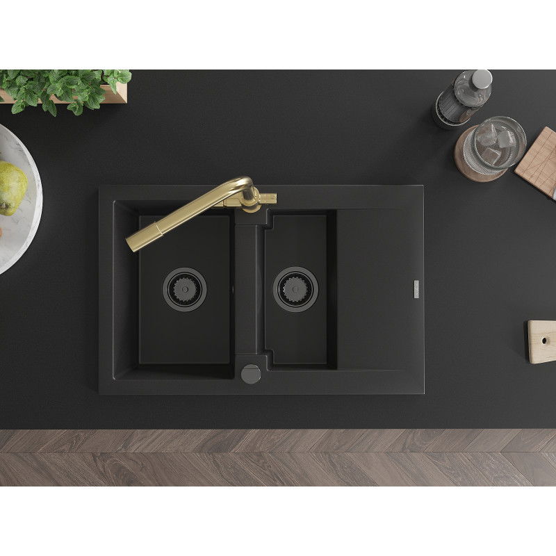 Mexen Gaspar chiuvetă din granit cu 1,5 cuve cu picurător și robinet de bucătărie Duero, negru - 6507-77-671600-50-B