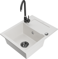 Mexen Enzo chiuvetă granit 1-cameră cu scurgător și baterie de bucătărie Telma, alb - 6506-20-670200-70