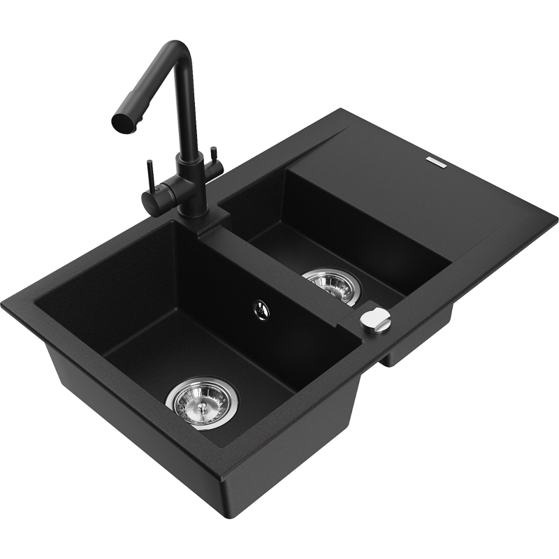 Mexen Gaspar chiuvetă de bucătărie din granit cu 1,5 compartimente cu scurgător și baterie Duero, neagră