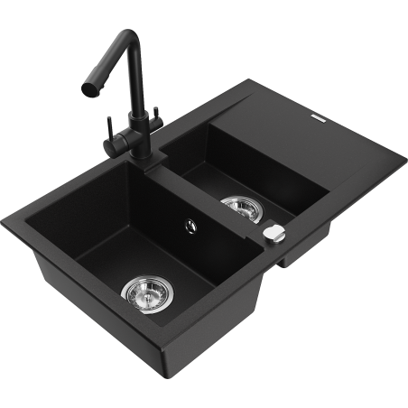 Mexen Gaspar chiuvetă de bucătărie din granit cu 1,5 compartimente cu scurgător și baterie Duero, neagră
