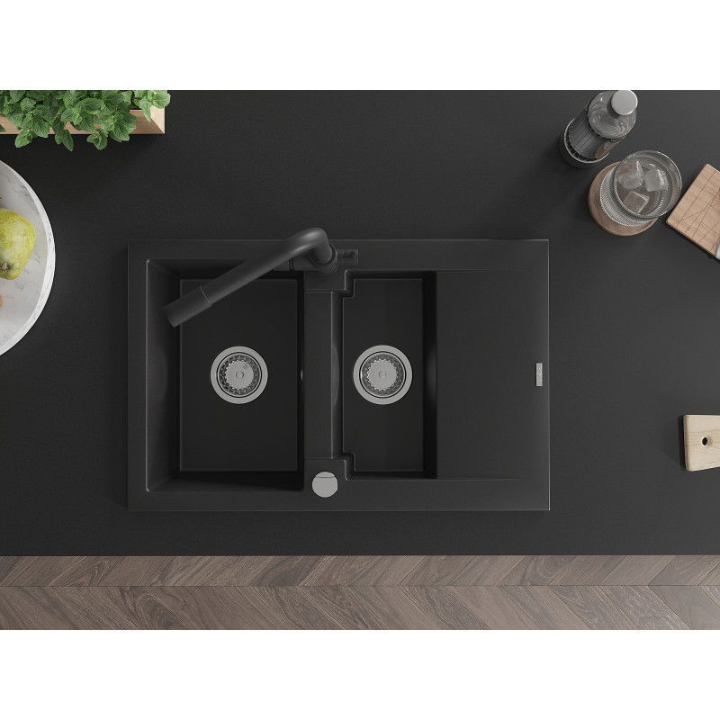 Mexen Gaspar chiuvetă de bucătărie din granit cu 1,5 compartimente cu scurgător și baterie Duero, neagră