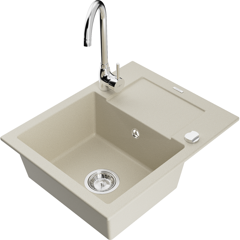 Chiuvetă granit Mexen Enzo cu 1 compartiment cu scurgător și baterie de bucătărie Telma, bej - 6506-69-670200-00