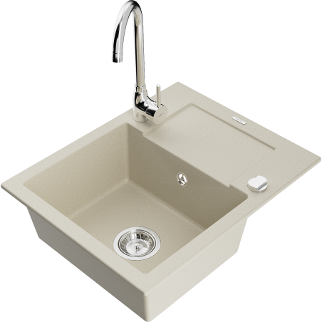 Chiuvetă granit Mexen Enzo cu 1 compartiment cu scurgător și baterie de bucătărie Telma, bej - 6506-69-670200-00