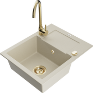 Mexen Enzo egymedencés gránit mosogató csepegtetővel és Telma konyhai csappal, bézs - 6506-69-670200-50