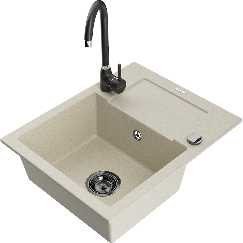Chiuvetă din granit Mexen Enzo cu 1 compartiment, cu scurgător și baterie de bucătărie Telma, bej - 6506-69-670200-70