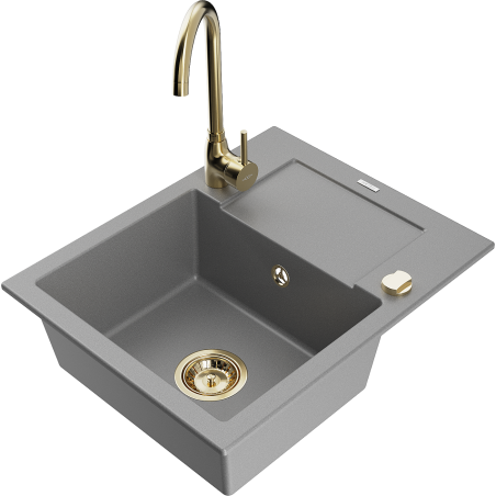 Mexen Enzo chiuvetă din granit cu 1 compartiment cu scurgător și baterie de bucătărie Telma, gri - 6506-71-670200-50