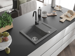 Mexen Enzo chiuvetă granit 1-camerală cu scurgător și baterie de bucătărie Telma, gri - 6506-71-670200-70
