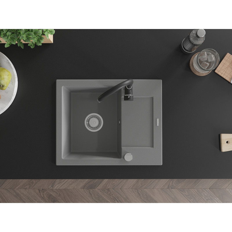Mexen Enzo 1 rekeszes gránit mosogató csepegtetővel és Telma konyhai csappal, szürke - 6506-71-670200-70