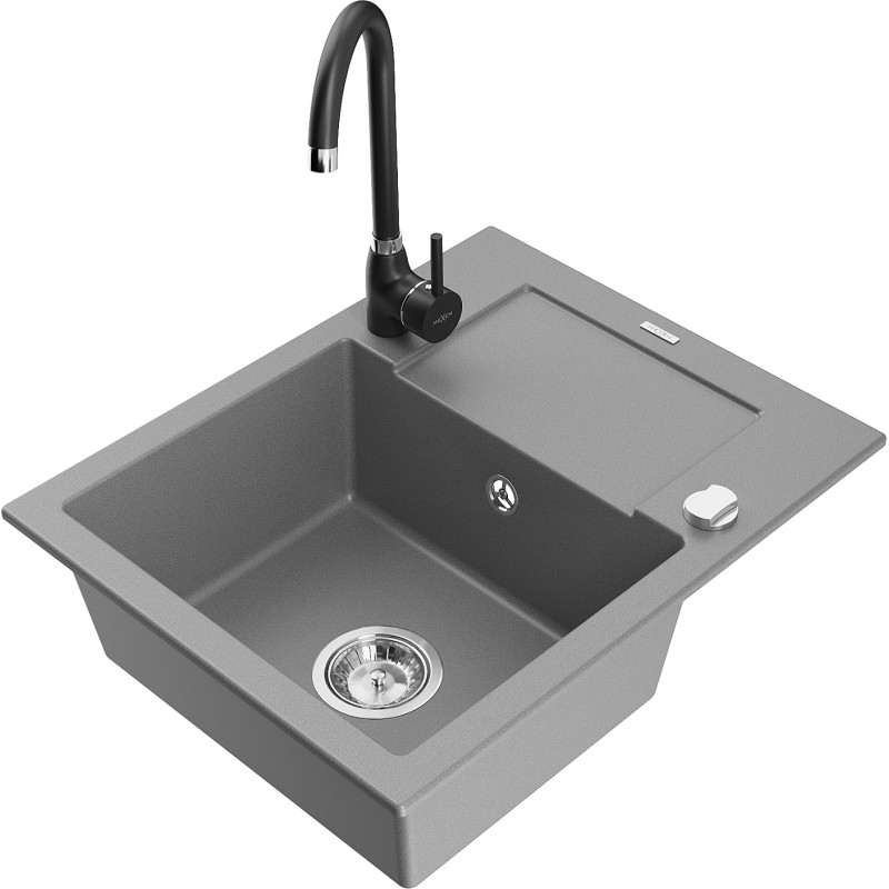 Mexen Enzo chiuvetă de granit cu 1 compartiment cu scurgător și baterie de bucătărie Telma, gri - 6506-71-670200-70