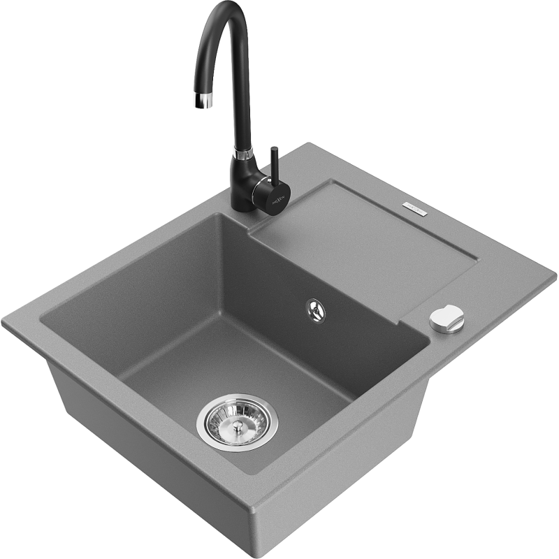 Mexen Enzo chiuvetă granit 1-camerală cu scurgător și baterie de bucătărie Telma, gri - 6506-71-670200-70