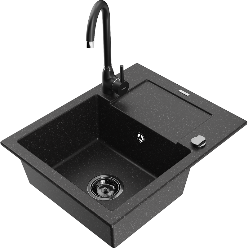 Mexen Enzo chiuvetă de granit cu 1 compartiment cu scurgător și baterie de bucătărie Telma, negru/argintiu