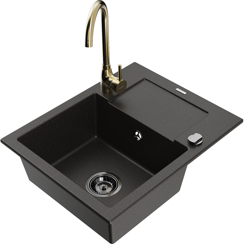 Mexen Enzo gránit egykamrás mosogató csöpögtetővel és Telma konyhai csapteleppel, fekete/arany - 6506-75-670200-50-B