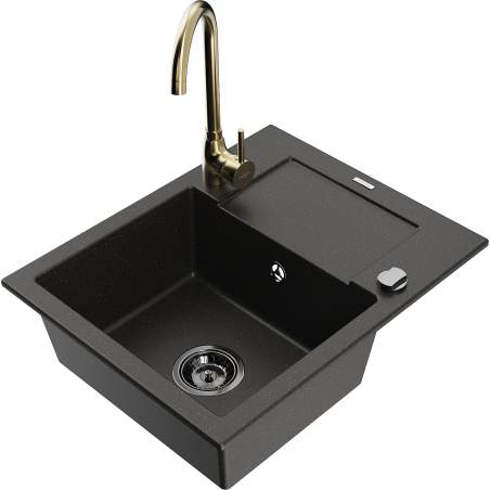 Mexen Enzo gránit egykamrás mosogató csöpögtetővel és Telma konyhai csapteleppel, fekete/arany - 6506-75-670200-50-B