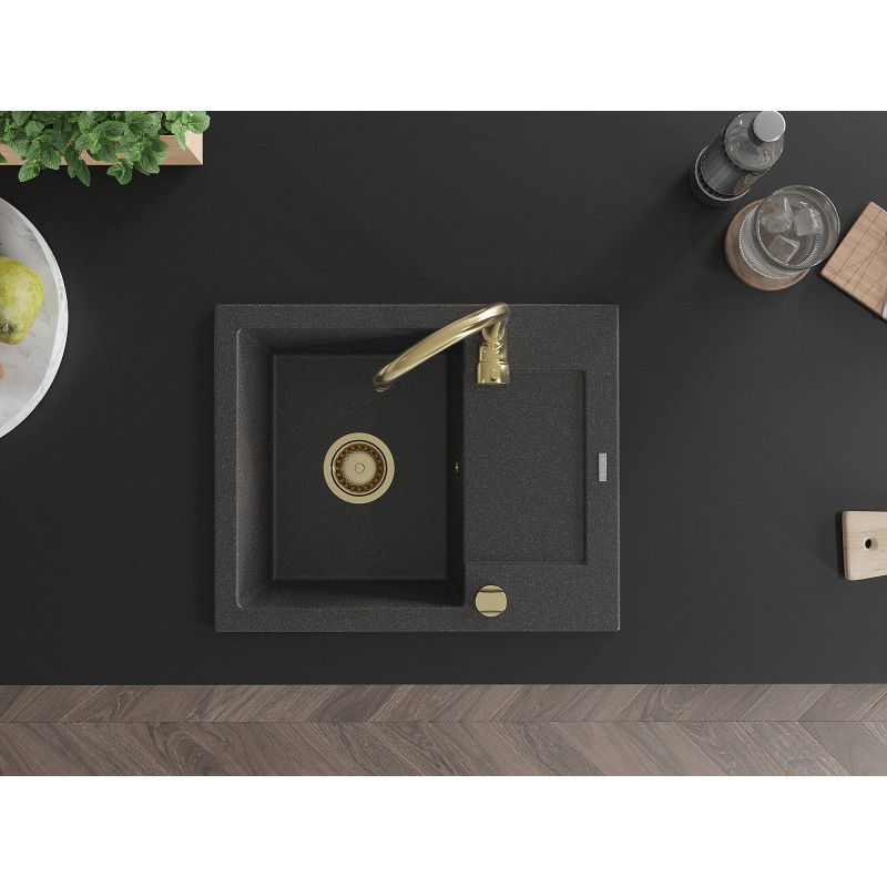 Mexen Enzo chiuvetă din granit cu 1 compartiment, cu picurător și baterie de bucătărie Telma, negru stropit