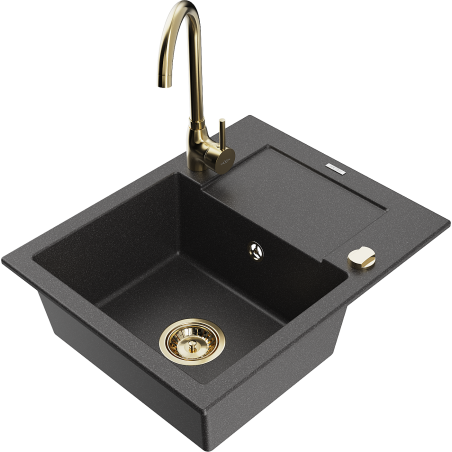 Mexen Enzo chiuvetă din granit cu 1 compartiment, cu picurător și baterie de bucătărie Telma, negru stropit