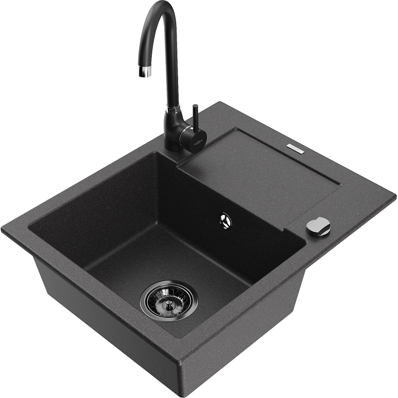 Chiuvetă din granit Mexen Enzo cu 1 compartiment, cu scurgător și baterie de bucătărie Telma, negru pătat - 6506-76-670200-70-B