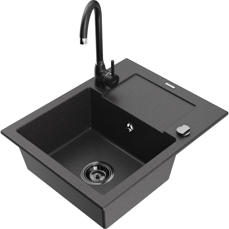 Chiuvetă din granit Mexen Enzo cu 1 compartiment, cu scurgător și baterie de bucătărie Telma, negru pătat - 6506-76-670200-70-B