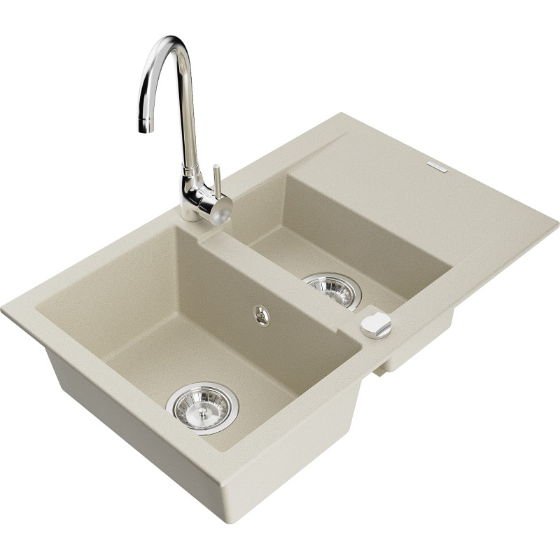 Mexen Gaspar chiuvetă din granit 1,5 camere cu scurgător și baterie de bucătărie Telma, bej - 6507-69-670200-00