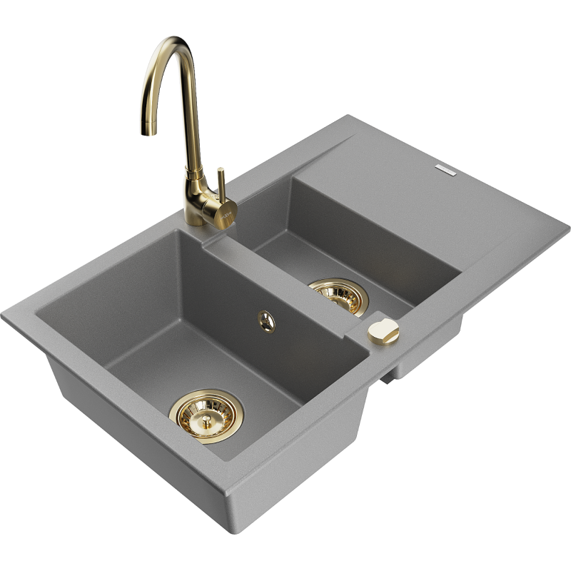 Mexen Gaspar chiuvetă de granit cu 1,5 compartimente și scurgător, cu baterie de bucătărie Telma, gri - 6507-71-670200-50