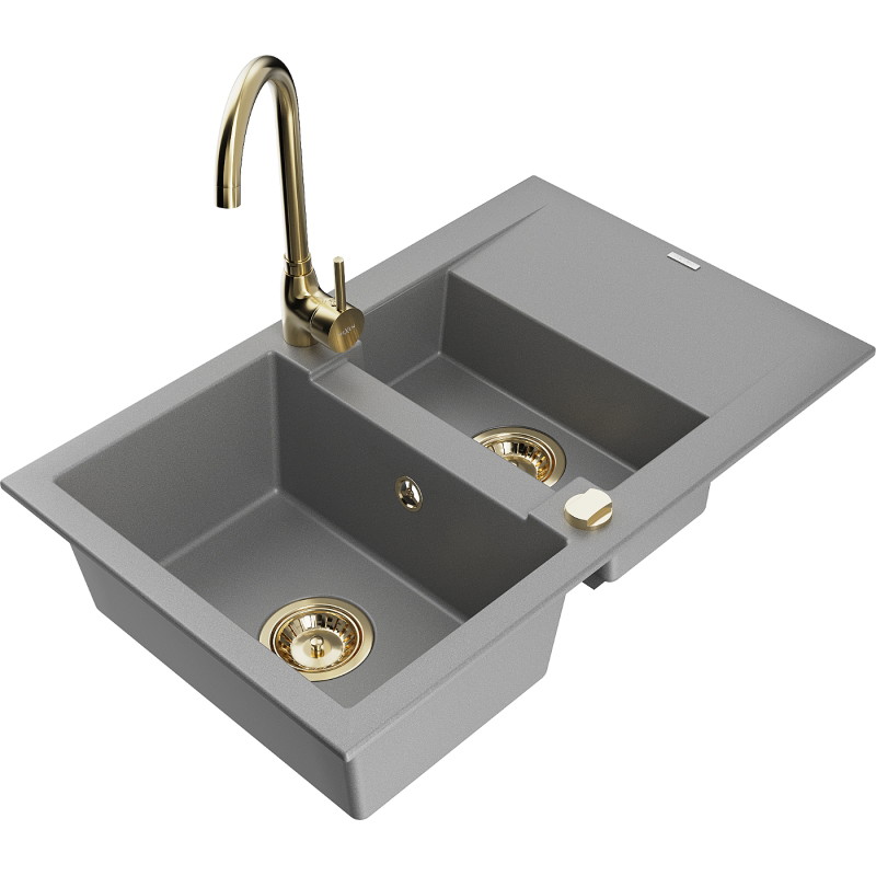 Mexen Gaspar chiuvetă de granit cu 1,5 cuve cu scurgător și baterie Telma, gri - 6507-71-670200-50