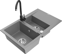 Mexen Gaspar gránit mosogató 1,5-medencés csepptálcával és Telma konyhai csaptelep, szürke - 6507-71-670200-70