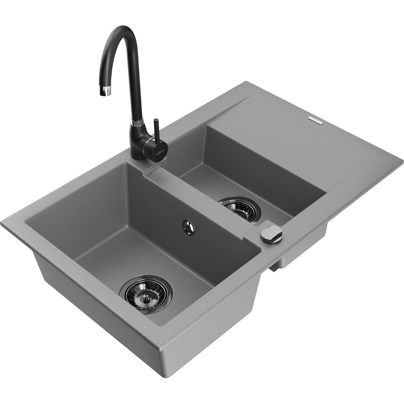 Mexen Gaspar chiuvetă de granit cu 1,5 compartimente cu scurgător și robinet de bucătărie Telma, gri - 6507-71-670200-70-B