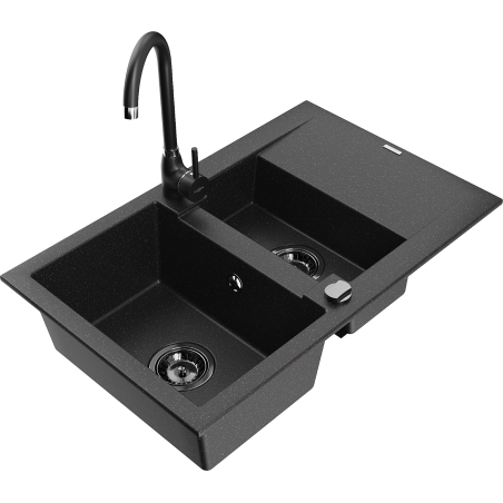 Chiuvetă de granit Mexen Gaspar 1,5 cuve cu scurgător și baterie de bucătărie Telma, negru/argintiu - 6507-73-670200-70-B