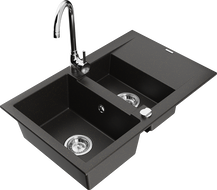 Mexen Gaspar gránit mosogató 1,5 mosogatótálcával és Telma konyhai csapteleppel, fekete/arany - 6507-75-670200-00