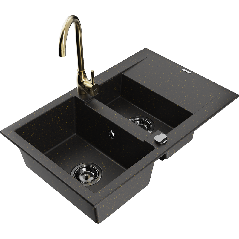 Mexen Gaspar chiuvetă de granit 1,5 camere cu scurgător și baterie Telma, negru/auriu - 6507-75-670200-50-B
