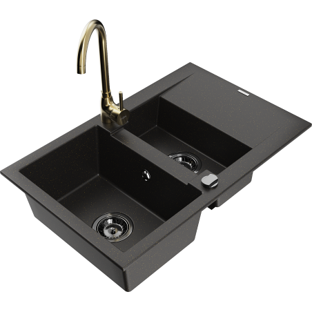 Mexen Gaspar chiuvetă de granit 1,5 camere cu scurgător și baterie Telma, negru/auriu - 6507-75-670200-50-B