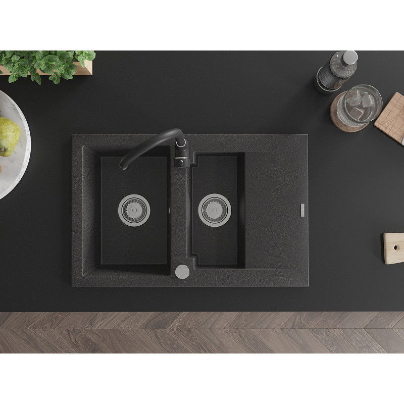 Mexen Gaspar, 1,5 rekeszes gránit mosogató csepegtetővel és Telma konyhai csapteleppel, fekete pöttyös - 6507-76-670200-70