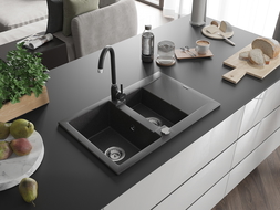 Chiuvetă din granit Mexen Gaspar 1,5 camere cu scurgător și baterie de bucătărie Telma, negru cu pete - 6507-76-670200-70