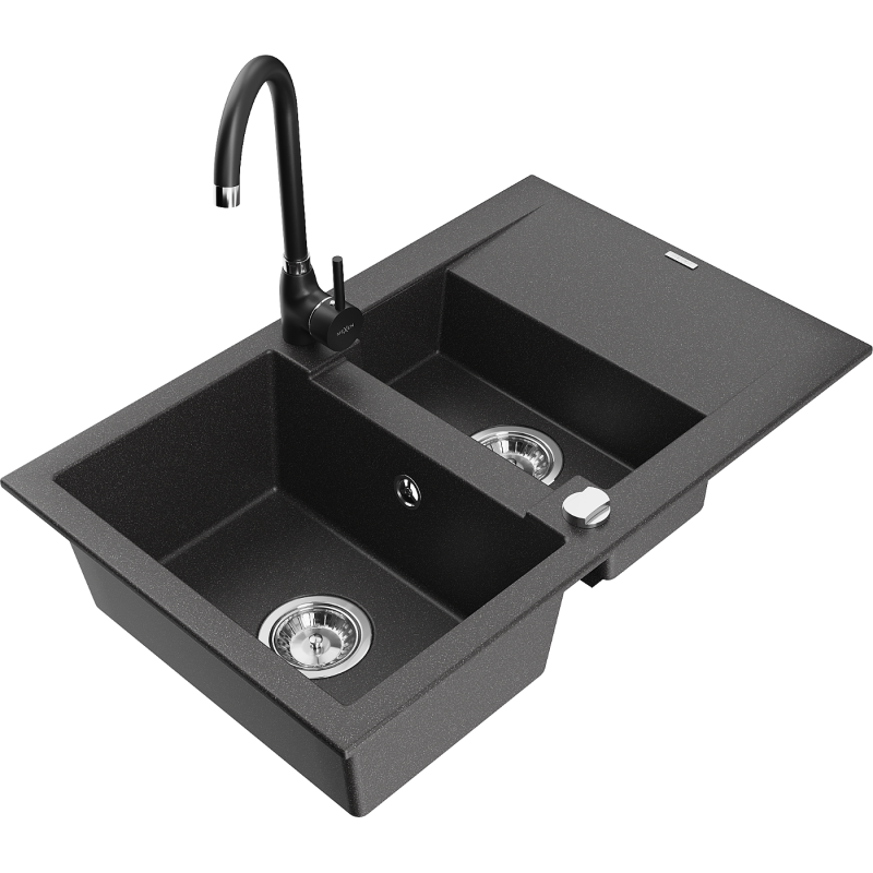 Chiuvetă din granit Mexen Gaspar 1,5 camere cu scurgător și baterie de bucătărie Telma, negru cu pete - 6507-76-670200-70