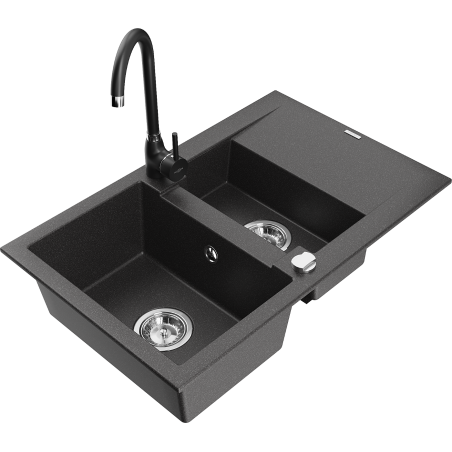 Chiuvetă din granit Mexen Gaspar 1,5 camere cu scurgător și baterie de bucătărie Telma, negru cu pete - 6507-76-670200-70