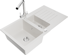 Mexen Matias chiuvetă de granit cu 1,5 compartimente cu scurgător și robinet de bucătărie Duero, alb - 6502-20-671600-00