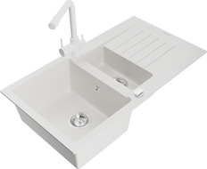 Mexen Matias gránit mosogató 1,5 rekeszes csepegtetővel és Duero konyhai csapteleppel, fehér - 6502-20-671600-20