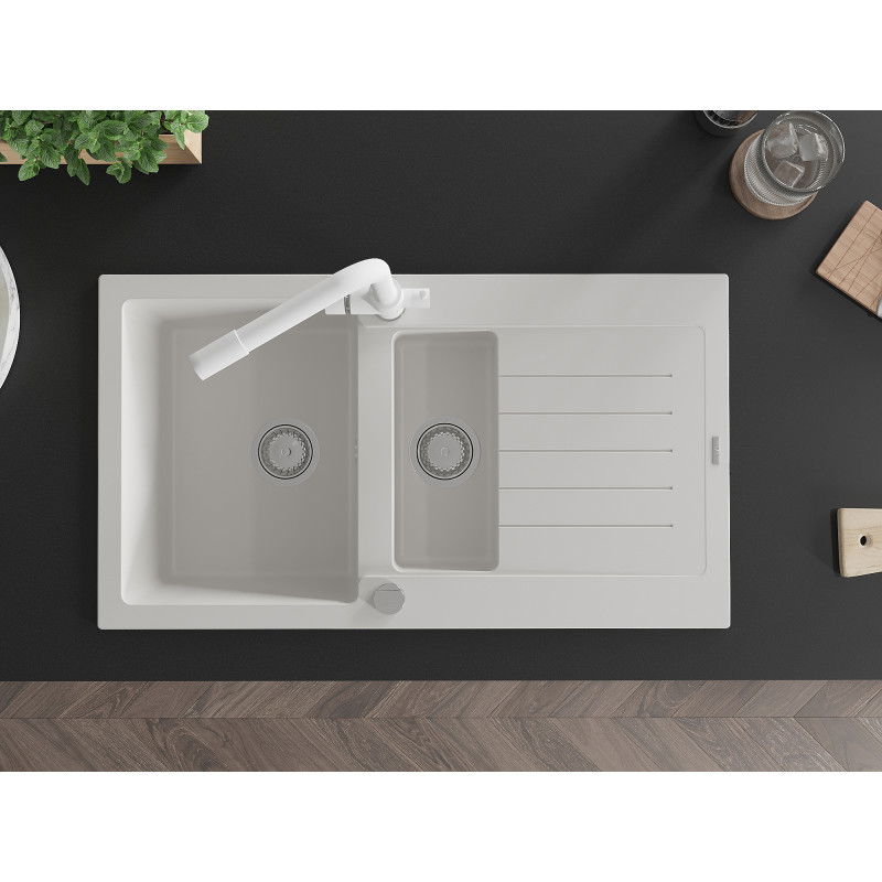 Mexen Matias gránit mosogató 1,5 rekeszes csepegtetővel és Duero konyhai csapteleppel, fehér - 6502-20-671600-20