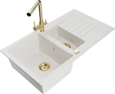 Mexen Matias gránit mosogató 1,5 kamrás csepegtetővel és Duero konyhai csapteleppel, fehér - 6502-20-671600-50