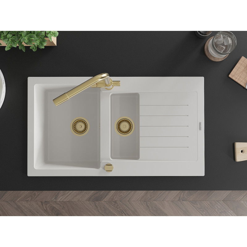 Mexen Matias chiuvetă de bucătărie din granit 1,5 camere cu scurgător și baterie de bucătărie Duero, alb - 6502-20-671600-50