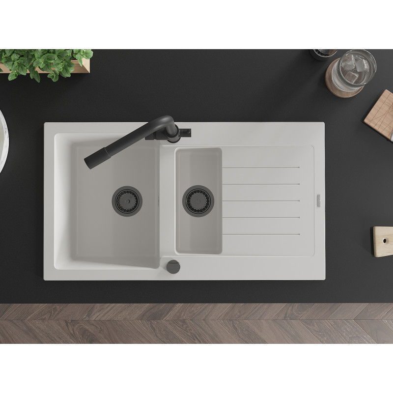 Mexen Matias chiuvetă de granit cu 1,5 compartimente cu scurgător și baterie de bucătărie Duero, alb - 6502-20-671600-70