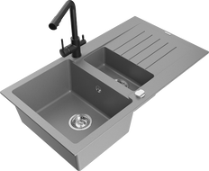 Mexen Matias gránit mosogató 1,5 kamrás, csepegtetővel és Duero konyhai csapteleppel, szürke - 6502-71-671600-70