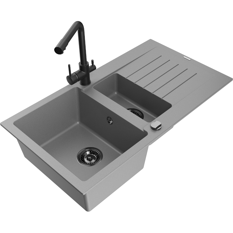 Mexen Matias chiuvetă din granit cu 1,5 compartimente cu scurgător și robinet de bucătărie Duero, gri - 6502-71-671600-70-B