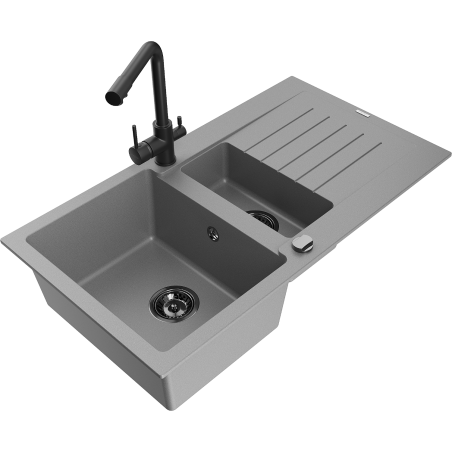 Mexen Matias chiuvetă din granit cu 1,5 compartimente cu scurgător și robinet de bucătărie Duero, gri - 6502-71-671600-70-B