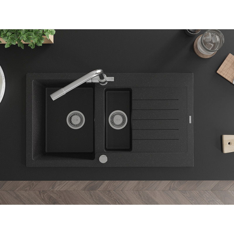 Mexen Matias gránit mosogató 1,5 rekeszes csepptálcával és Duero konyhai csapteleppel, fekete/ezüst metál - 6502-73-671600-00