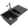 Mexen Matias chiuvetă de bucătărie din granit cu 1,5 cuve și scurgător și robinet Duero, negru/argintiu metalic