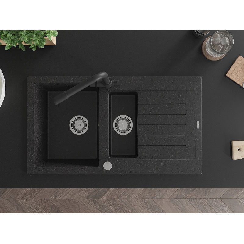 Mexen Matias gránit mosogató 1,5 rekeszes csepptálcával és Duero konyhai csapteleppel, fekete/ezüst metál - 6502-73-671600-70