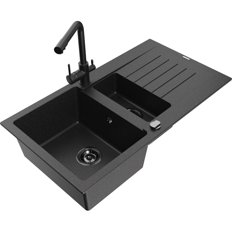 Mexen Matias chiuvetă de granit cu 1,5 compartimente cu scurgător și baterie de bucătărie Duero, negru/argintiu