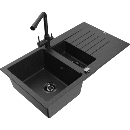 Mexen Matias chiuvetă de granit cu 1,5 compartimente cu scurgător și baterie de bucătărie Duero, negru/argintiu