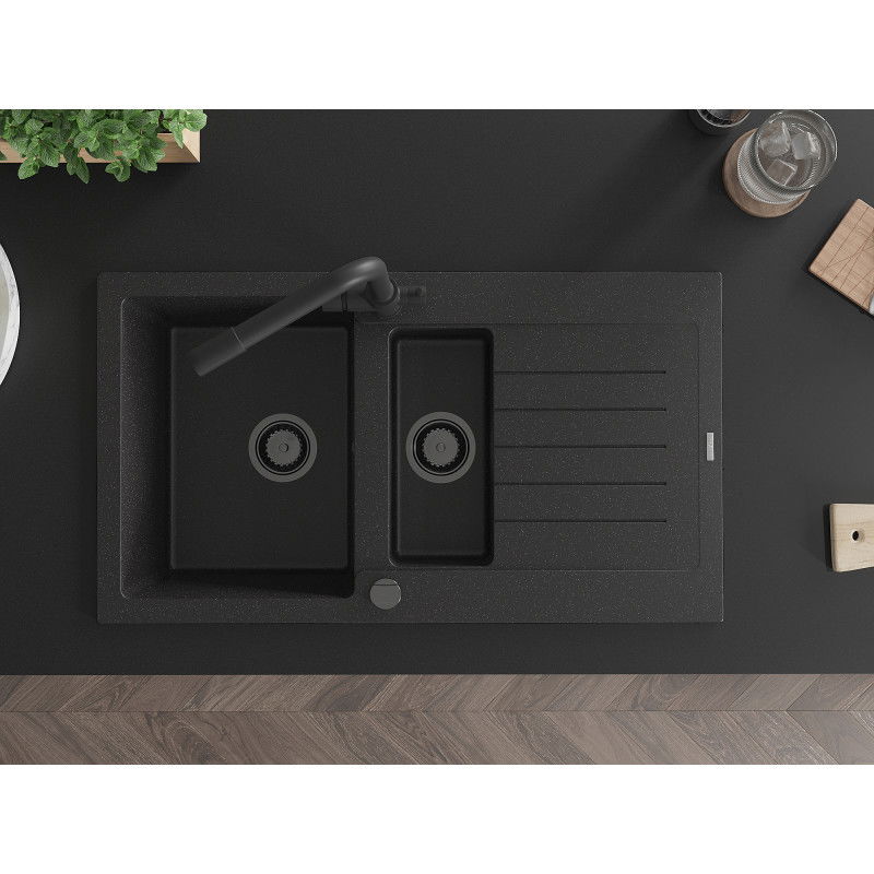 Mexen Matias gránit mosogató 1,5 medencés csepegtetővel és Duero konyhai csapteleppel, fekete/ezüst - 6502-73-671600-70-B