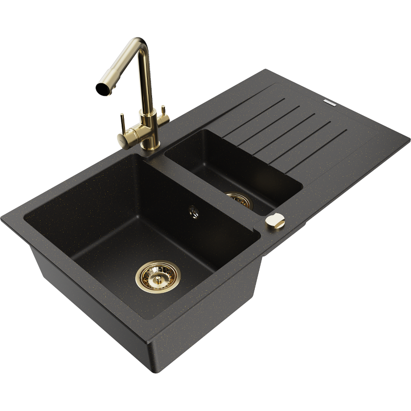 Mexen Matias chiuvetă de granit cu 1,5 compartimente cu scurgător și baterie de bucătărie Duero, negru/metalic auriu